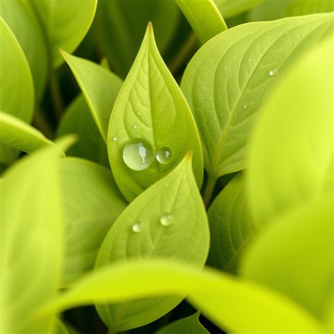 Minimal flat illustration of Close-up of fresh, vibrant green leaves glistening with morning dew drops., centered subject with a simple uncluttered composition, soft pastel colors, bright and cozy, 1:1 aspect ratio