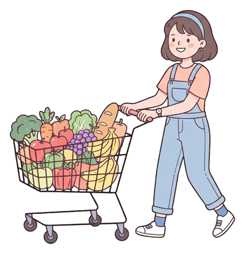 Simple cute flat cartoon illustration with soft pastel colors and thin clean dark outlines of a young woman, person pushing a shopping cart full of vegetables and fruit, transparent background PNG