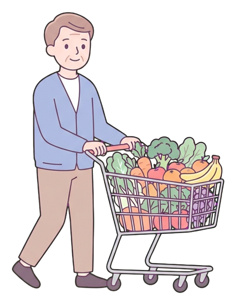 Simple cute flat cartoon illustration with soft pastel colors and thin clean dark outlines of a middle-aged man, person pushing a shopping cart full of vegetables and fruit, transparent background PNG