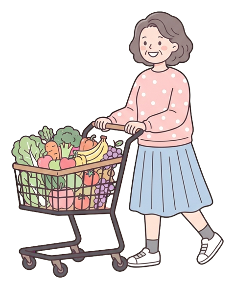Simple cute flat cartoon illustration with soft pastel colors and thin clean dark outlines of a middle-aged woman, person pushing a shopping cart full of vegetables and fruit, transparent background PNG