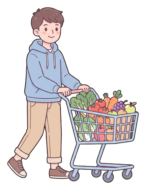 Simple cute flat cartoon illustration with soft pastel colors and thin clean dark outlines of a young man, person pushing a shopping cart full of vegetables and fruit, transparent background PNG