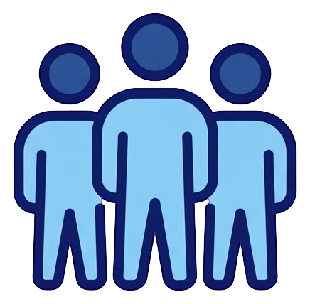 Duotone icon, navy blue and light blue of a group of three people icon, transparent background PNG