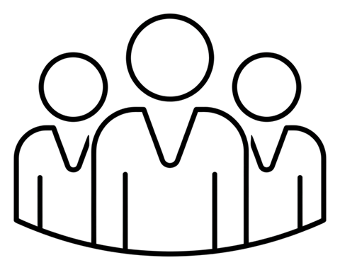 Thin black line icon, minimal outline of a group of three people icon, transparent background PNG