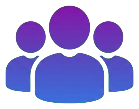 Gradient app-style icon, purple to blue gradient of a group of three people icon, transparent background PNG