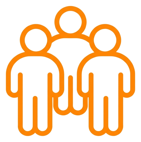Rounded line icon, thick orange outline of a group of three people icon, transparent background PNG