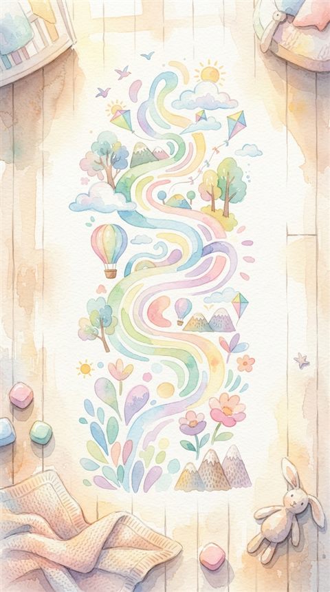Watercolor illustration of abstract growth chart, high-angle view from above, soft pastel colors, bright and cozy, 9:16 aspect ratio