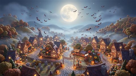 Soft 3D render of a spooky but cute halloween night with bats and a full moon, high-angle view from above, misty morning haze, dreamy, 16:9 aspect ratio