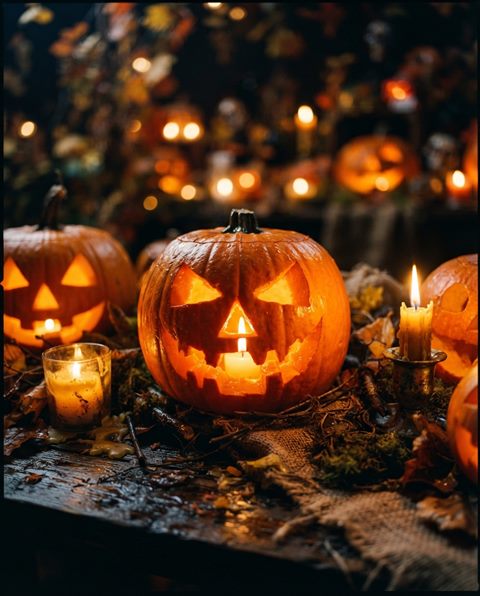 Fotograma cinematográfico de calabazas de Halloween y velas, detalle en primer plano con poca profundidad de campo, colores vivos, alto contraste, enérgico, proporción 4:5