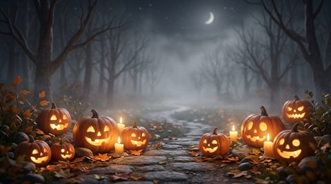 Soft 3D render of cute carved pumpkins with candles at night, wide shot with open space at the top for text, misty morning haze, dreamy, 16:9 aspect ratio