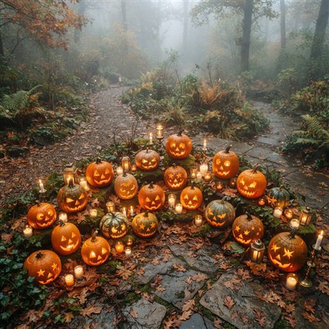Foto fotorrealista de calabazas de Halloween y velas, vista en picada desde arriba, neblina matutina, de ensueño, proporción 1:1