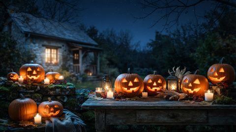 Foto fotorrealista de calabazas de Halloween y velas, toma amplia con espacio abierto en la parte superior para texto, tonos azules fríos, ambiente tranquilo, proporción 16:9