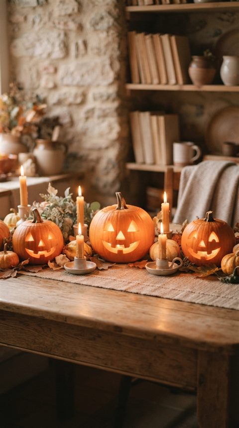 Fotograma cinematográfico de calabazas de Halloween y velas, sujeto centrado con una composición simple y despejada, colores pastel suaves, brillante y acogedor, proporción 9:16