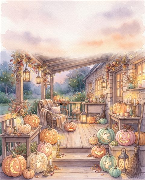 Ilustración en acuarela de calabazas de Halloween y velas, toma amplia con espacio abierto en la parte superior para texto, colores pastel suaves, brillante y acogedor, proporción 4:5