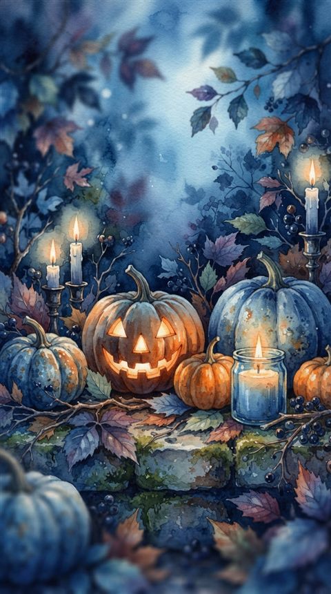 Ilustración en acuarela de calabazas de Halloween y velas, detalle en primer plano con poca profundidad de campo, tonos azules fríos, ambiente tranquilo, proporción 9:16