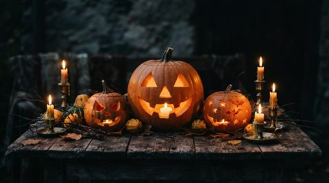 Foto fotorrealista de calabazas de Halloween y velas, sujeto centrado con una composición simple y despejada, tonos oscuros y melancólicos, iluminación dramática, proporción 16:9