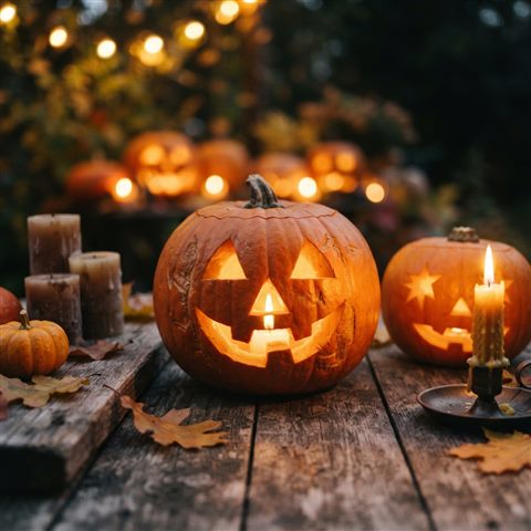 Foto fotorrealista de calabazas de Halloween y velas, detalle en primer plano con poca profundidad de campo, luz dorada cálida, ambiente sereno, proporción 1:1