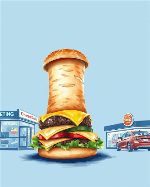 Watercolor illustration of A tall, appetizing gourmet hamburger with melted cheese, lettuce, and a sesame seed bun, wide shot with open space at the top for text, cool blue tones, quiet atmosphere, 4:5 aspect ratio