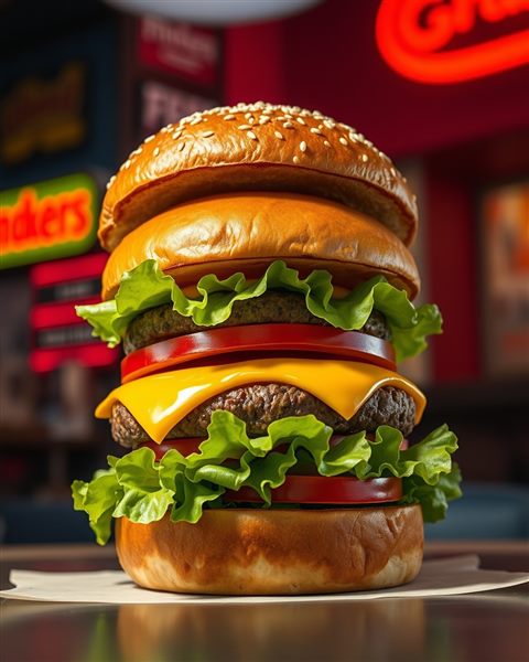 Cinematic film still of A tall, appetizing gourmet hamburger with melted cheese, lettuce, and a sesame seed bun, wide shot with open space at the top for text, vivid colors, high contrast, energetic, 4:5 aspect ratio
