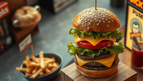 Photorealistic photo of A tall, appetizing gourmet hamburger with melted cheese, lettuce, and a sesame seed bun, high-angle view from above, warm golden light, calm mood, 16:9 aspect ratio