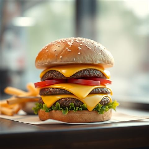 Soft 3D render of A tall, appetizing gourmet hamburger with melted cheese, lettuce, and a sesame seed bun, close-up detail with shallow depth of field, misty morning haze, dreamy, 1:1 aspect ratio