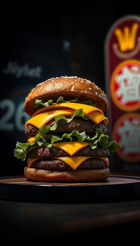 Photorealistic photo of A tall, appetizing gourmet hamburger with melted cheese, lettuce, and a sesame seed bun, centered subject with a simple uncluttered composition, moody dark tones, dramatic lighting, 9:16 aspect ratio