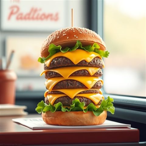Minimal flat illustration of A tall, appetizing gourmet hamburger with melted cheese, lettuce, and a sesame seed bun, close-up detail with shallow depth of field, soft pastel colors, bright and cozy, 1:1 aspect ratio