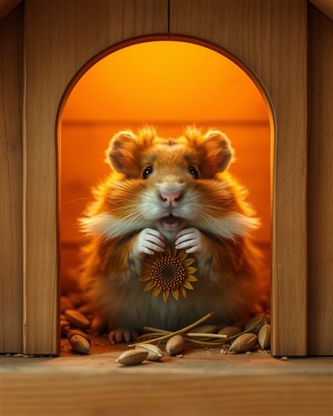 Cinematic film still of A fluffy little hamster sitting inside a wooden hut eating a sunflower seed, centered subject with a simple uncluttered composition, vivid colors, high contrast, energetic, 4:5 aspect ratio