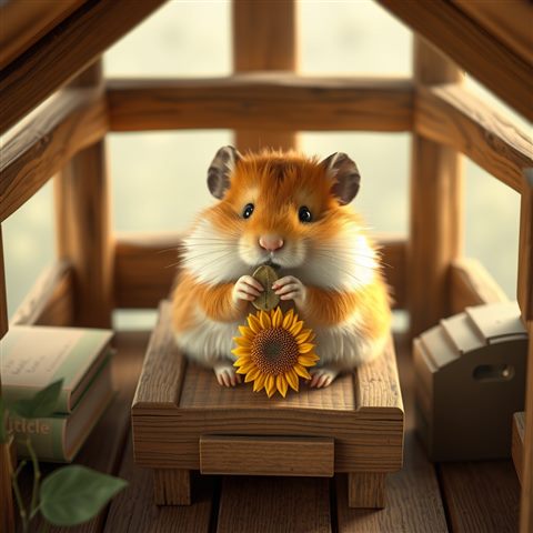Soft 3D render of A fluffy little hamster sitting inside a wooden hut eating a sunflower seed, high-angle view from above, misty morning haze, dreamy, 1:1 aspect ratio