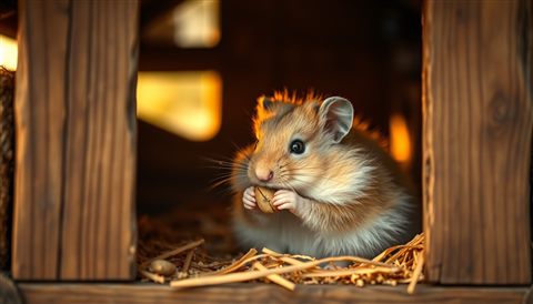 Photorealistic photo of A fluffy little hamster sitting inside a wooden hut eating a sunflower seed, close-up detail with shallow depth of field, warm golden light, calm mood, 16:9 aspect ratio