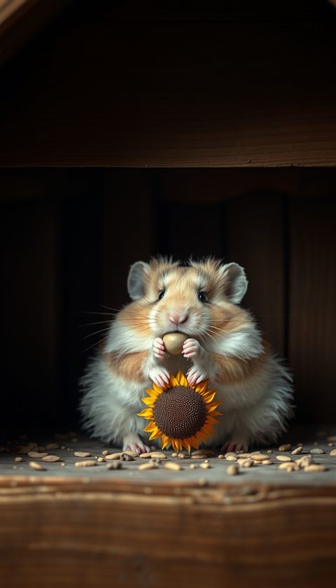 Photorealistic photo of A fluffy little hamster sitting inside a wooden hut eating a sunflower seed, wide shot with open space at the top for text, moody dark tones, dramatic lighting, 9:16 aspect ratio
