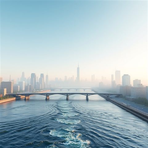 Soft 3D render of A wide flowing river passing through a metropolis with bridges and distant skyscrapers under a clear sky., close-up detail with shallow depth of field, misty morning haze, dreamy, 1:1 aspect ratio