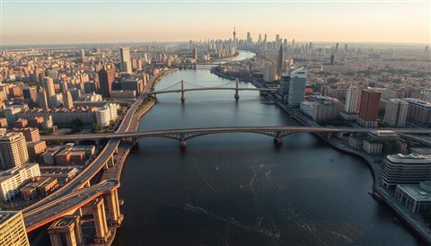 Photorealistic photo of A wide flowing river passing through a metropolis with bridges and distant skyscrapers under a clear sky., high-angle view from above, warm golden light, calm mood, 16:9 aspect ratio