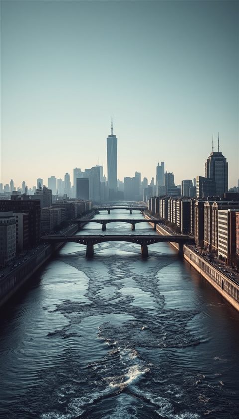 Photorealistic photo of A wide flowing river passing through a metropolis with bridges and distant skyscrapers under a clear sky., centered subject with a simple uncluttered composition, moody dark tones, dramatic lighting, 9:16 aspect ratio