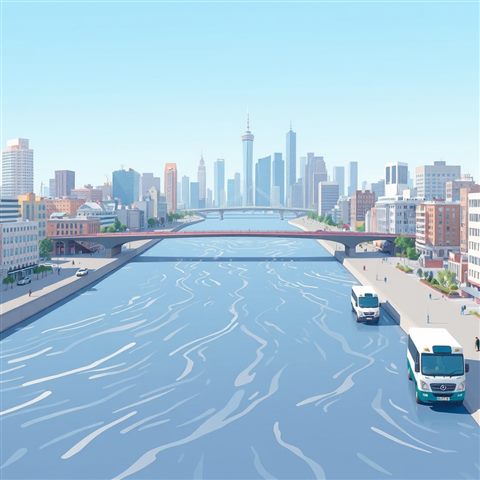 Minimal flat illustration of A wide flowing river passing through a metropolis with bridges and distant skyscrapers under a clear sky., close-up detail with shallow depth of field, soft pastel colors, bright and cozy, 1:1 aspect ratio