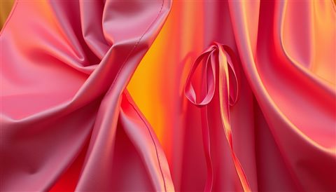 Photorealistic photo of Flat vector illustration of traditional East Asian silk robes with graceful flowing ribbons, close-up detail with shallow depth of field, warm golden light, calm mood, 16:9 aspect ratio