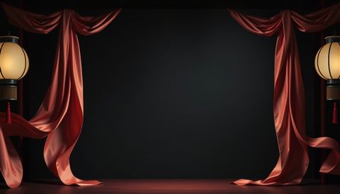 Photorealistic photo of Flat vector illustration of traditional East Asian silk robes with graceful flowing ribbons, wide shot with open space at the top for text, moody dark tones, dramatic lighting, 16:9 aspect ratio