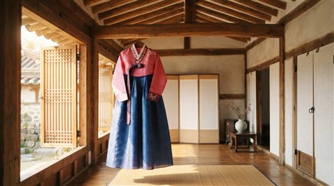Photorealistic photo of a traditional Korean hanbok dress displayed on a wooden hanger in a sunlit hanok room, wide shot with open space at the top for text, warm golden light, calm mood, 16:9 aspect ratio
