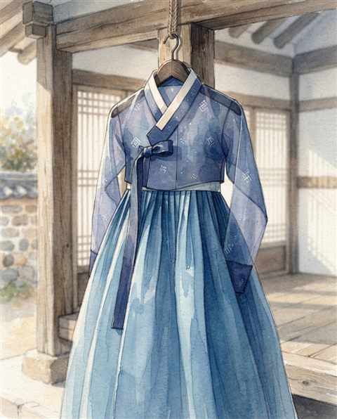 Watercolor illustration of a traditional Korean hanbok dress displayed on a wooden hanger in a sunlit hanok room, close-up detail with shallow depth of field, cool blue tones, quiet atmosphere, 4:5 aspect ratio