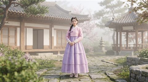 Soft 3d render of a fictional woman wearing a traditional korean hanbok in a palace garden, centered subject with a simple uncluttered composition, misty morning haze, dreamy, 16:9 aspect ratio