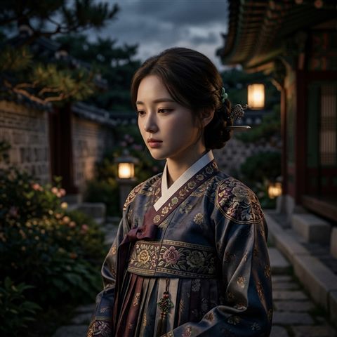 Soft 3d render of a fictional woman wearing a traditional korean hanbok in a palace garden, close-up detail with shallow depth of field, moody dark tones, dramatic lighting, 1:1 aspect ratio
