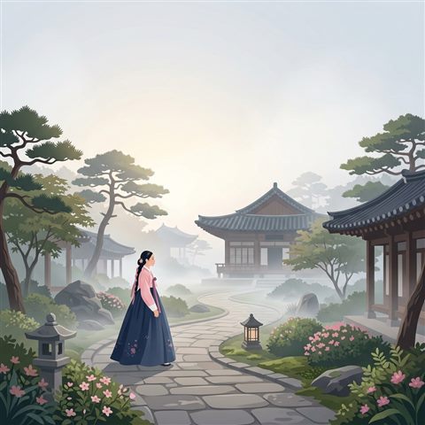 Minimal flat illustration of a fictional woman wearing a traditional korean hanbok in a palace garden, wide shot with open space at the top for text, misty morning haze, dreamy, 1:1 aspect ratio