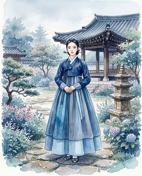 Watercolor illustration of a fictional woman wearing a traditional korean hanbok in a palace garden, centered subject with a simple uncluttered composition, cool blue tones, quiet atmosphere, 4:5 aspect ratio