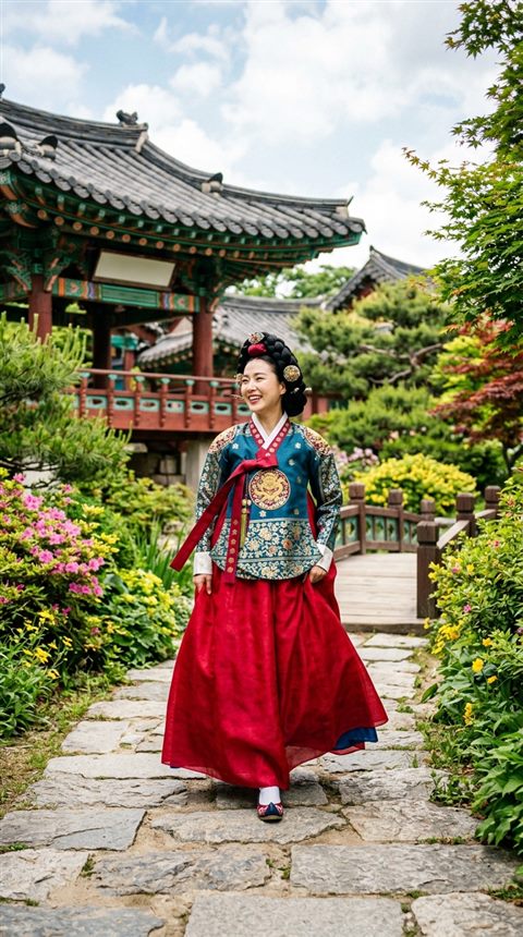 Cinematic film still of a fictional woman wearing a traditional korean hanbok in a palace garden, centered subject with a simple uncluttered composition, vivid colors, high contrast, energetic, 9:16 aspect ratio
