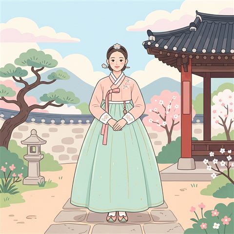 Minimal flat illustration of a fictional woman wearing a traditional korean hanbok in a palace garden, centered subject with a simple uncluttered composition, soft pastel colors, bright and cozy, 1:1 aspect ratio
