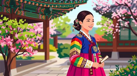 Minimal flat illustration of a fictional woman wearing a traditional korean hanbok in a palace garden, close-up detail with shallow depth of field, vivid colors, high contrast, energetic, 16:9 aspect ratio