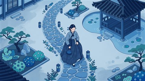 Minimal flat illustration of a fictional woman wearing a traditional korean hanbok in a palace garden, high-angle view from above, cool blue tones, quiet atmosphere, 16:9 aspect ratio