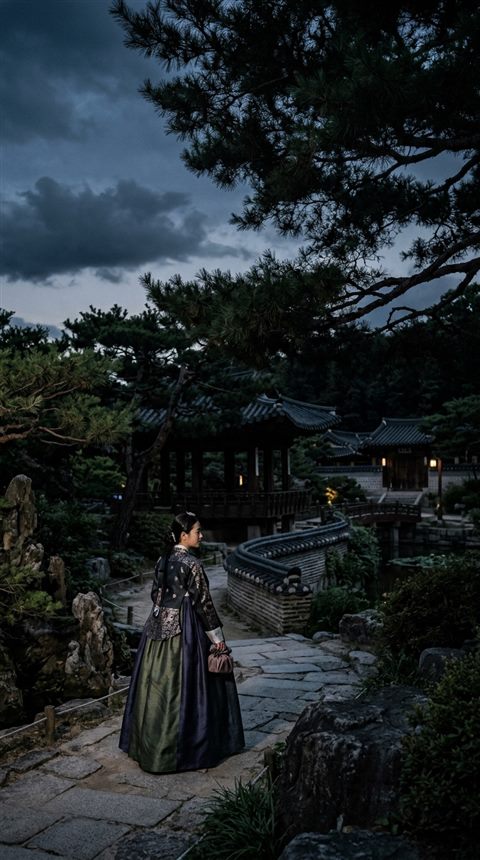 Cinematic film still of a fictional woman wearing a traditional korean hanbok in a palace garden, wide shot with open space at the top for text, moody dark tones, dramatic lighting, 9:16 aspect ratio
