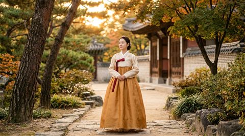 Photorealistic photo of a fictional woman wearing a traditional korean hanbok in a palace garden, centered subject with a simple uncluttered composition, warm golden light, calm mood, 16:9 aspect ratio