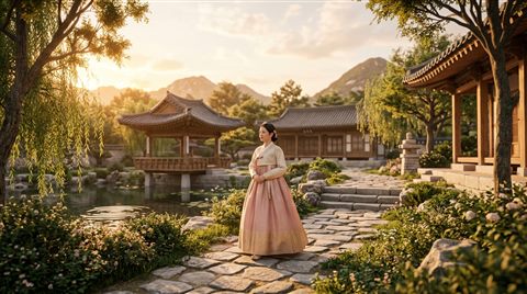 Soft 3d render of a fictional woman wearing a traditional korean hanbok in a palace garden, wide shot with open space at the top for text, warm golden light, calm mood, 16:9 aspect ratio