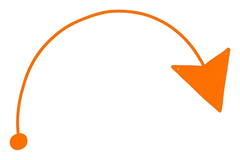 Thin pen line drawing of an orange hand-drawn curved arrow, transparent background PNG